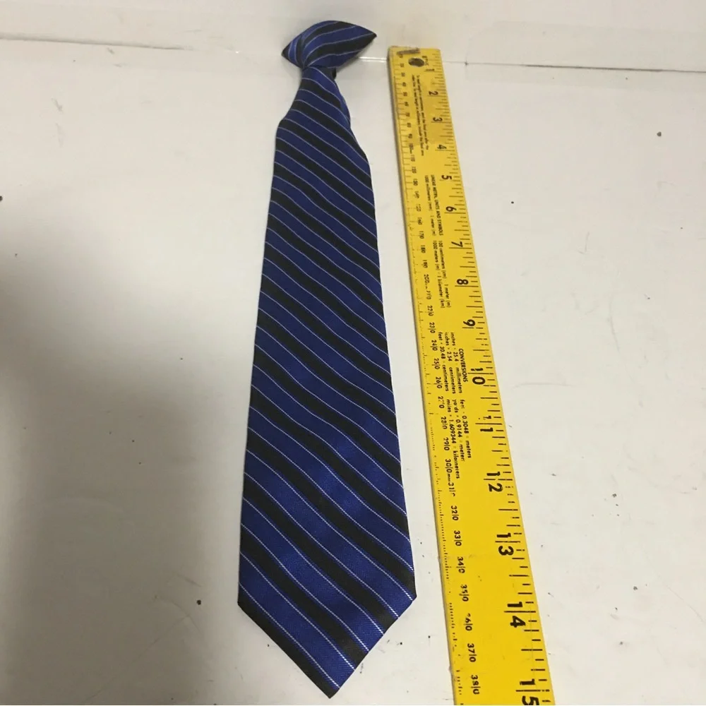 Boys clip on tie 16” blue black & white stripes EUC